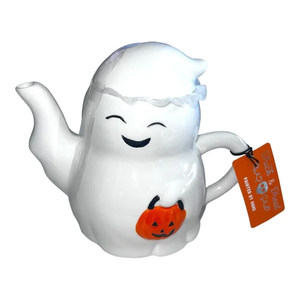 Trick & Treat Halloween Smiling Ghost W Pumpkin Ceramic Hand-painted Teapot NEW